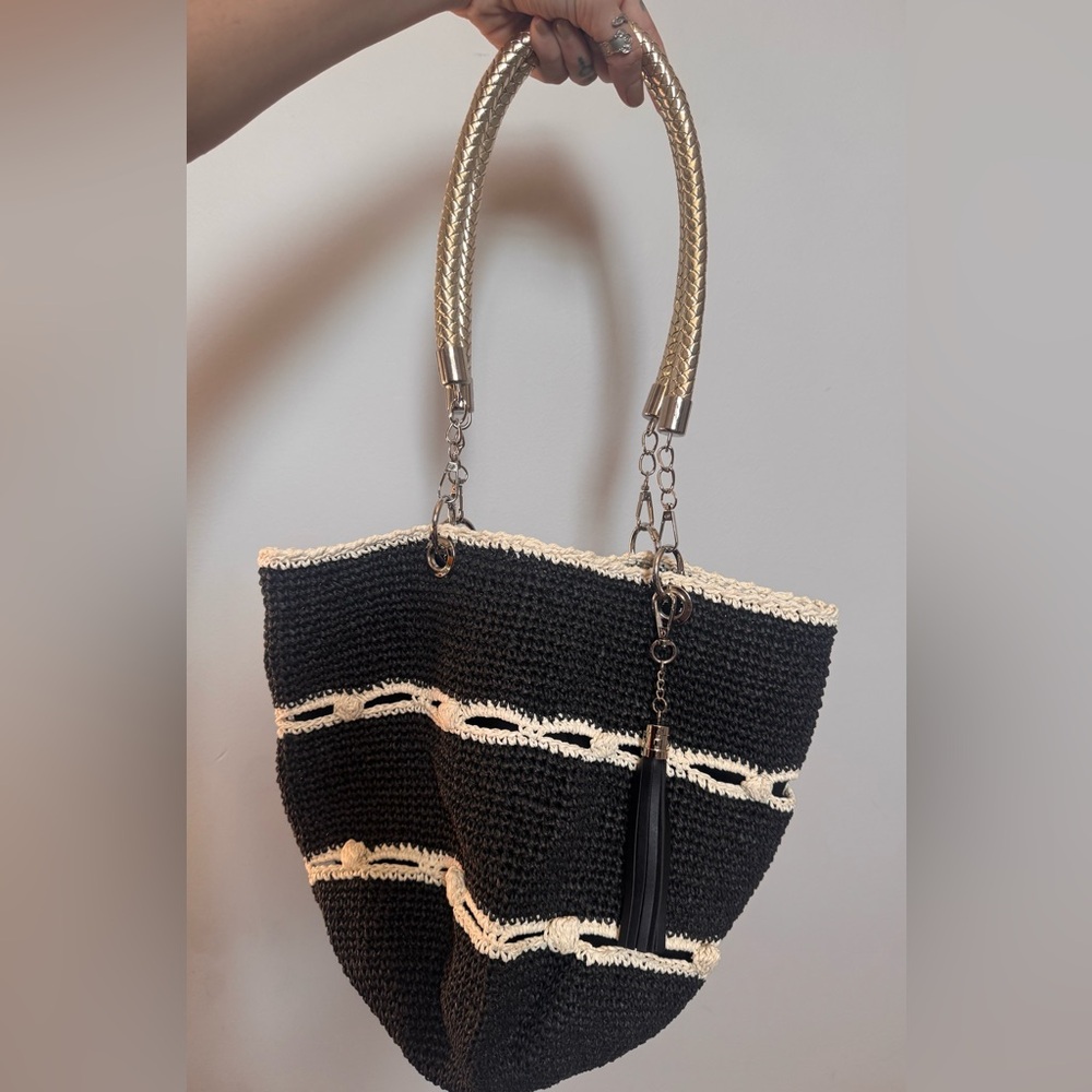 Black and Cream Crochet Tote Bag